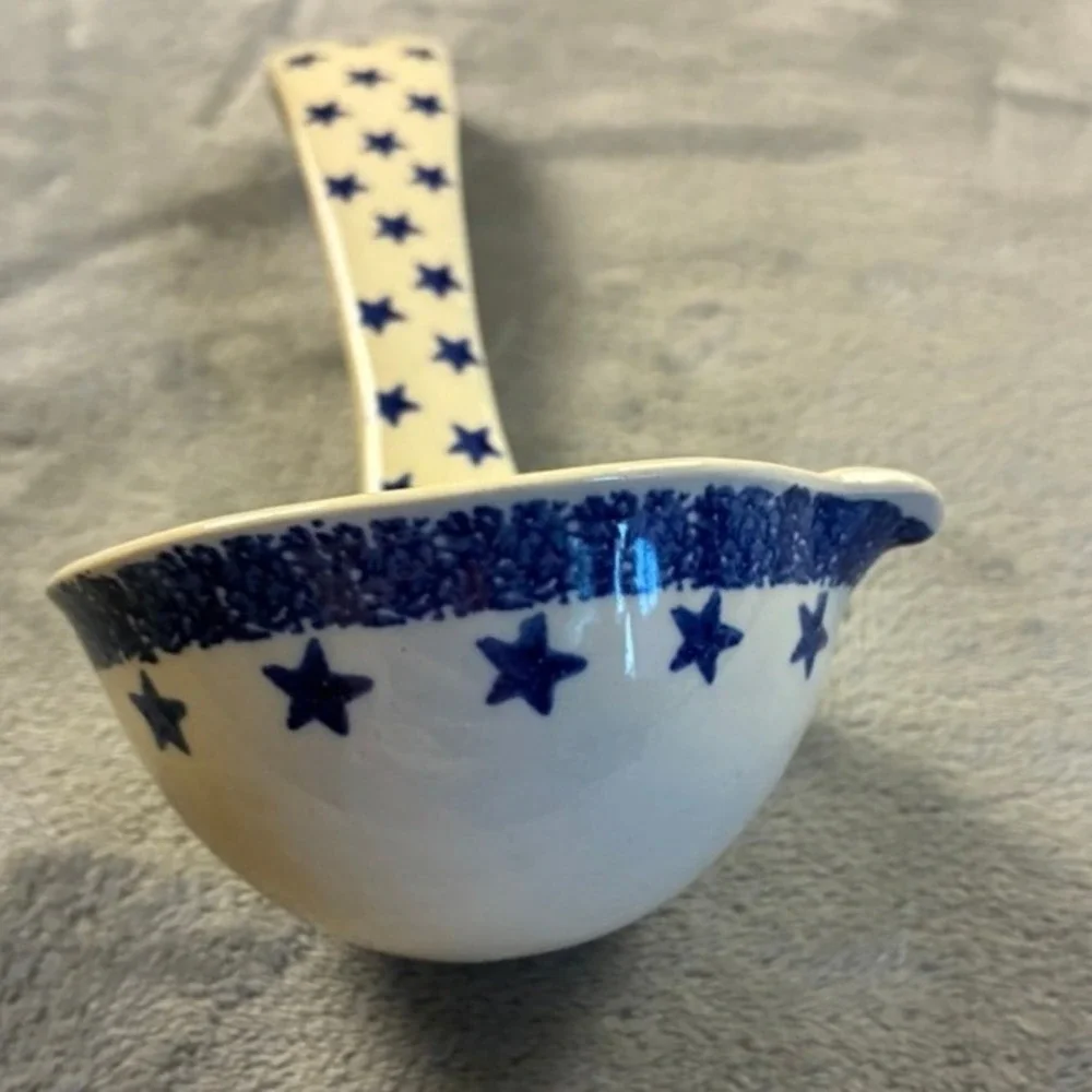 Poland Hand Made Polish Pottery Ladle Blue Rose Pattern Pour Spout 9.5in